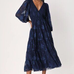 Lulus Blissful Darling Navy Blue Burnout Floral Jacquard Midi Dress
